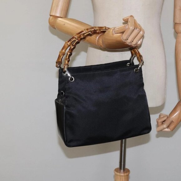 GUCCI Bamboo Hand Bag Nylon Black Silver - Picture 1 of 16